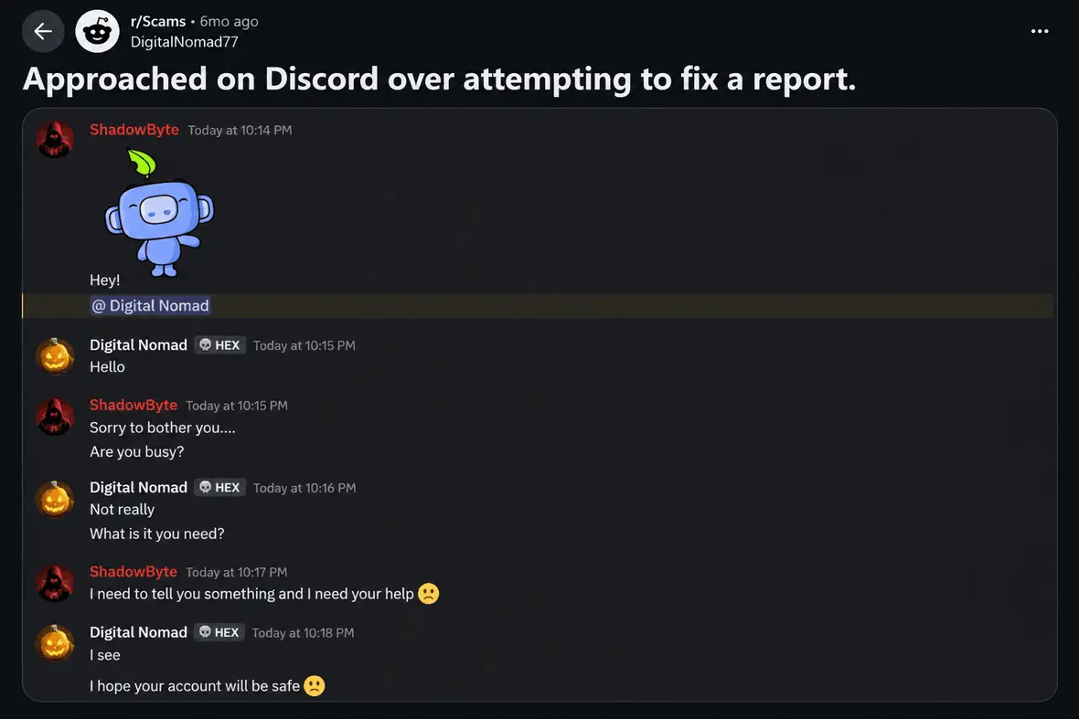 Screenshot of a Discord scam after attempting to fix a report.