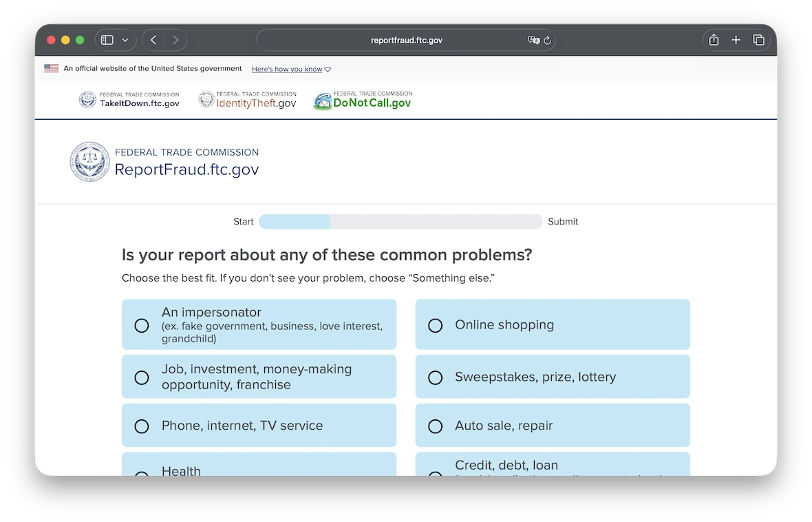 A screenshot of the FTC website's Report Scam page.