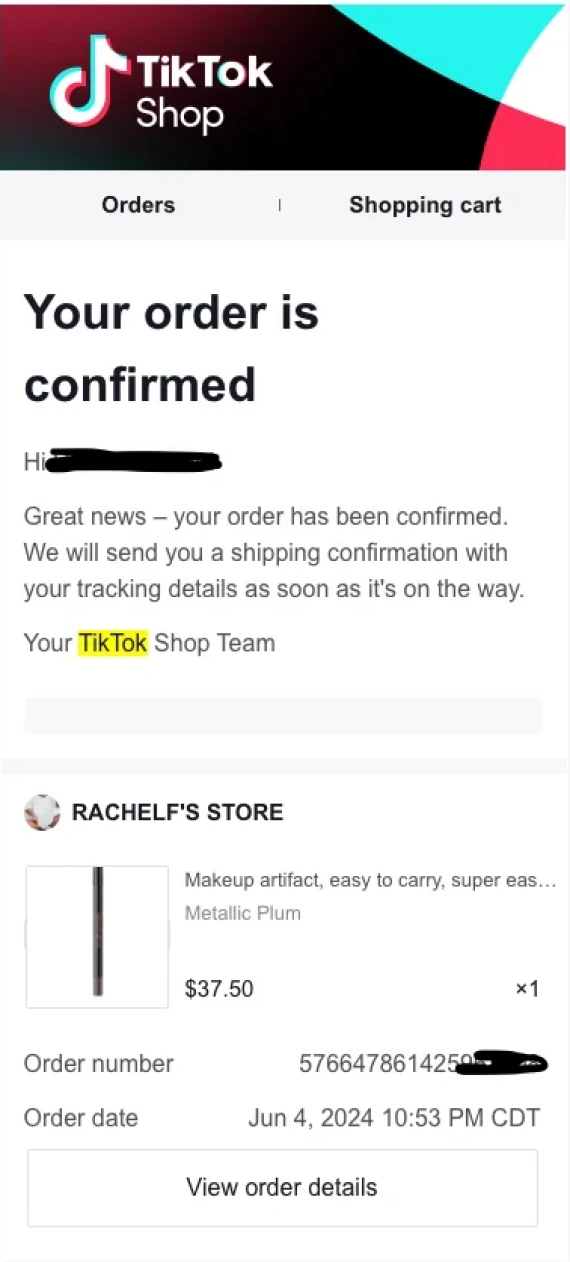 Fake TikTok Shop order notification.