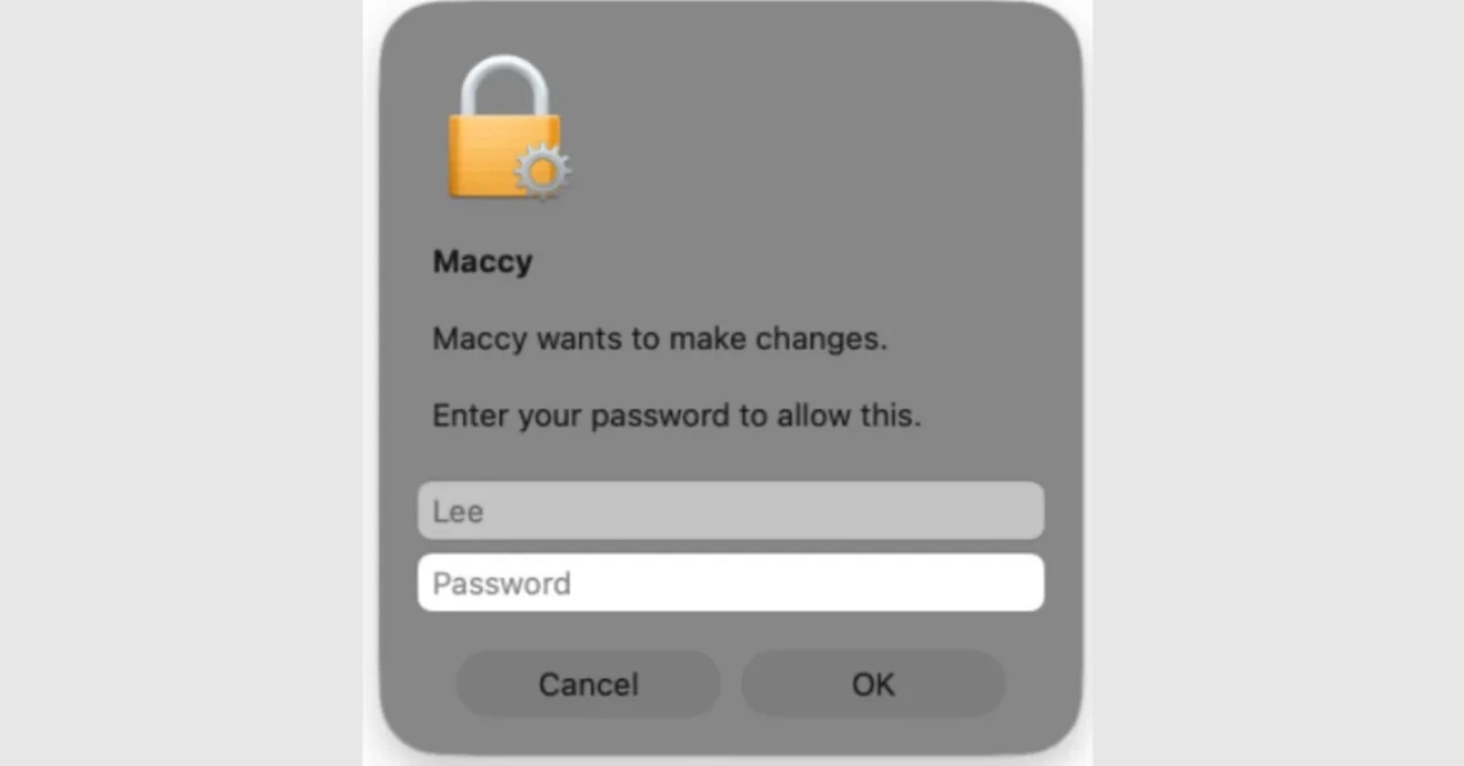A screenshot of the fake Maccy password request notification, as shared by Jamf.