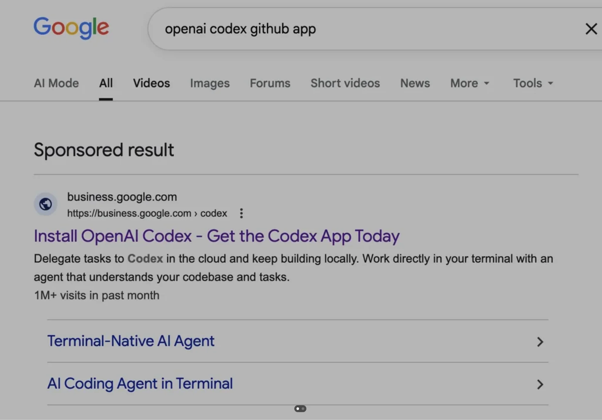 A screenshot of Google Search results, with the top result being a fake macOS build of OpenAI Codex.