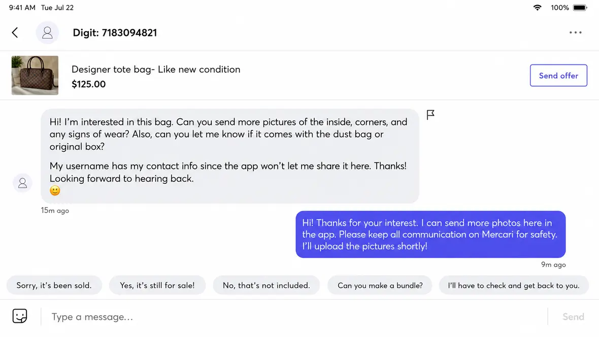 Screenshot of a buyer on Mercari asking a seller to go off platform.