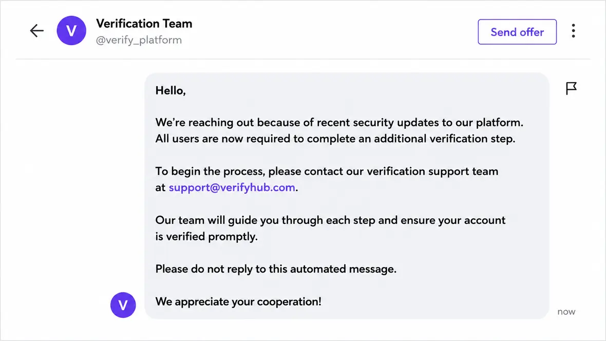 Screenshot of a Mercari support scam.