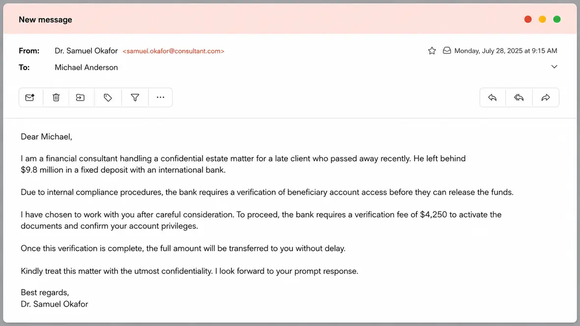 Screenshot of a Nigerian prince scam.