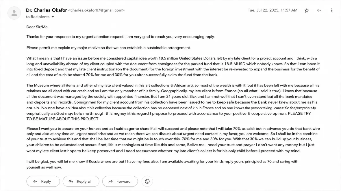 Screenshot of a Nigerian prince scam.