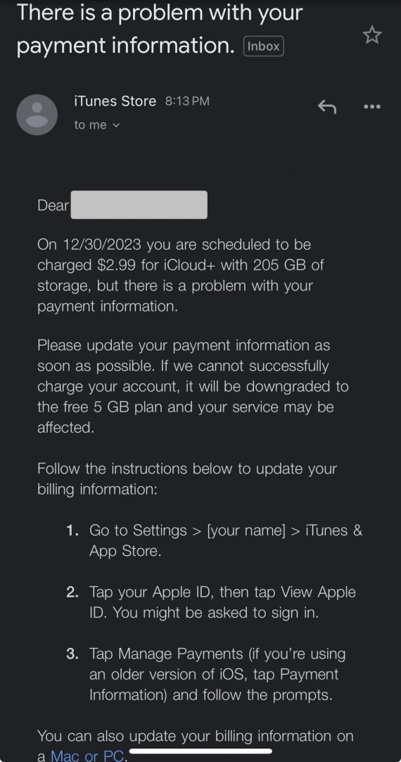 Screenshot of an Apple payment info phishing email.