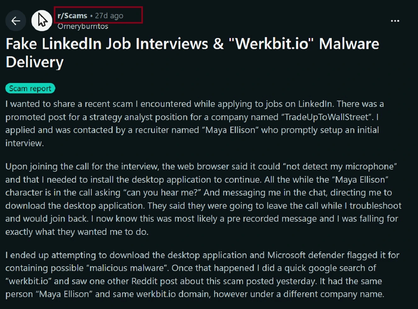 A screenshot of a Reddit post about a user targeted by CrashStealer operators.
