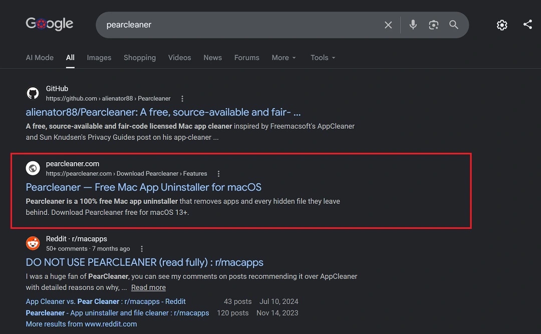 A screenshot of Google Search results for Pearcleaner.