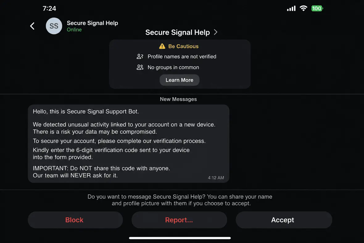 Screenshot of a signal support scam