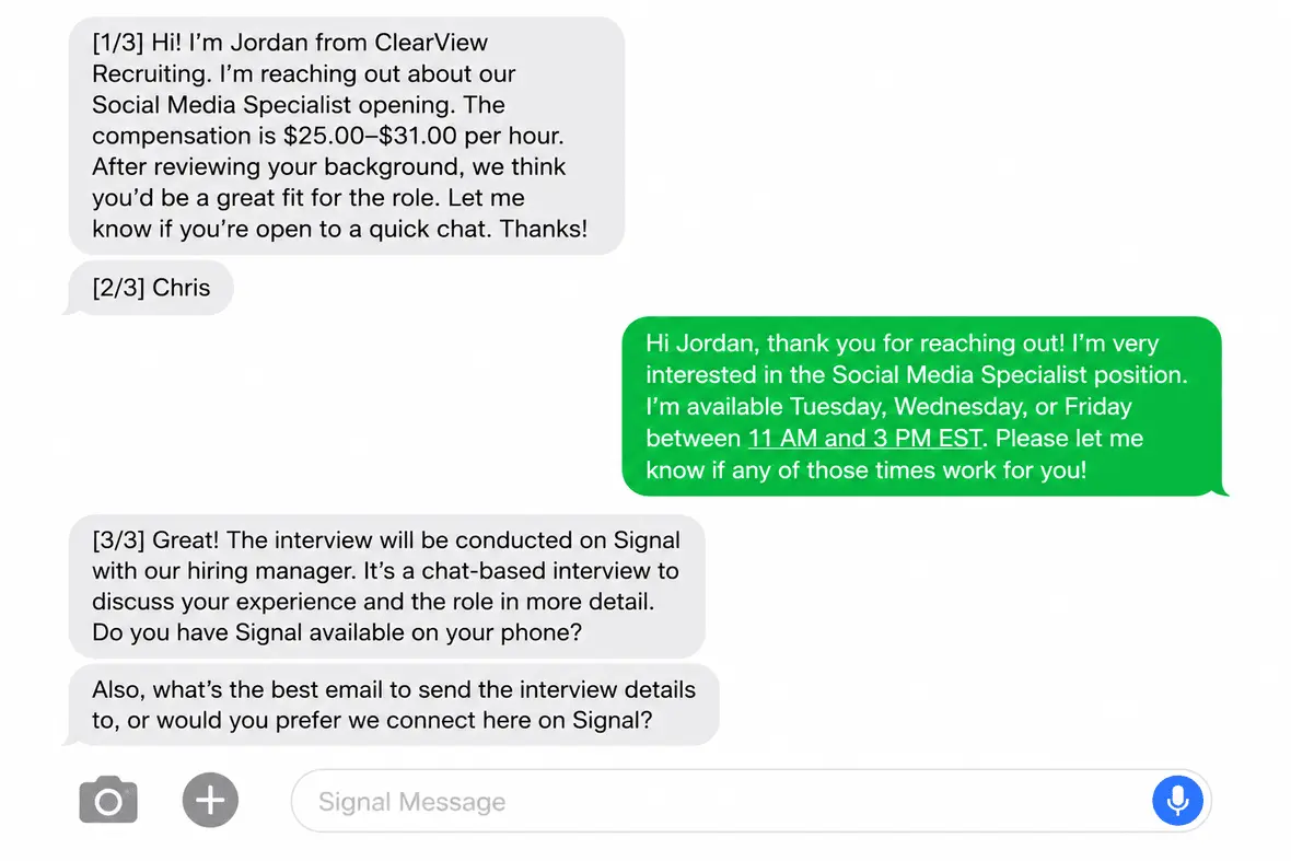 Screenshot of a hiring Signal scam