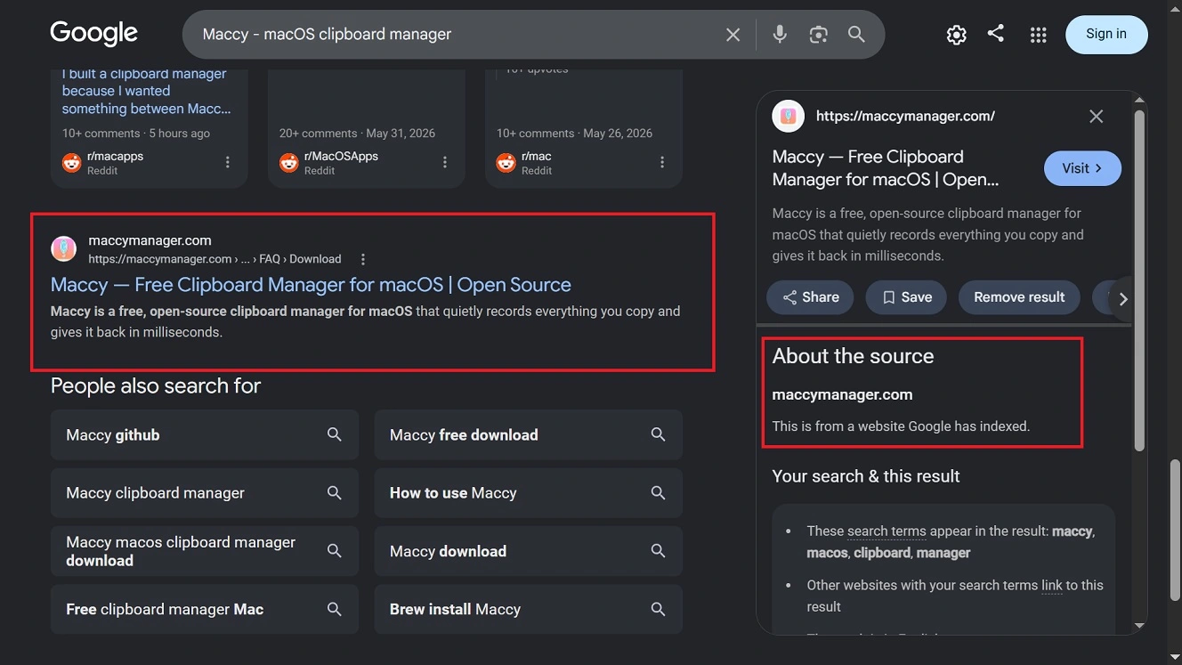 A screenshot of the fraudulent site maccymanager[.]com ranking high in search results.