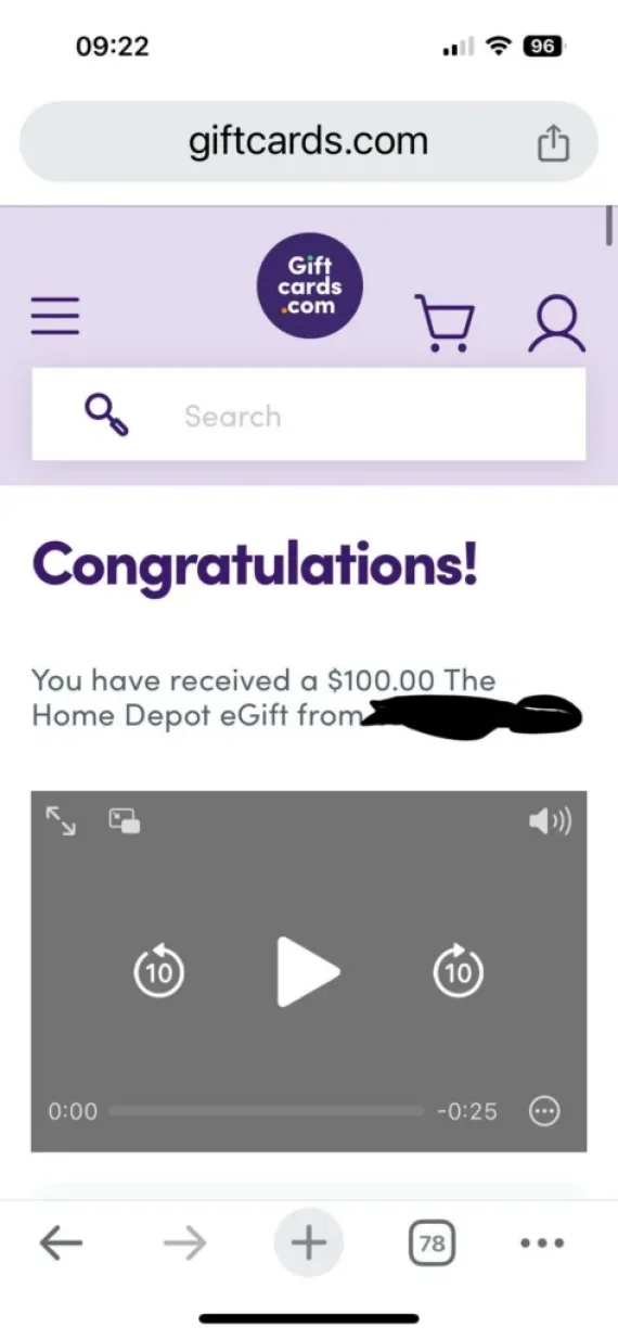 A screenshot showing an example of a potential gift card scam.