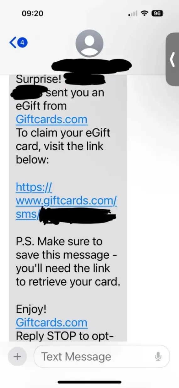 A screenshot showing a message associated with a potential gift card scam.