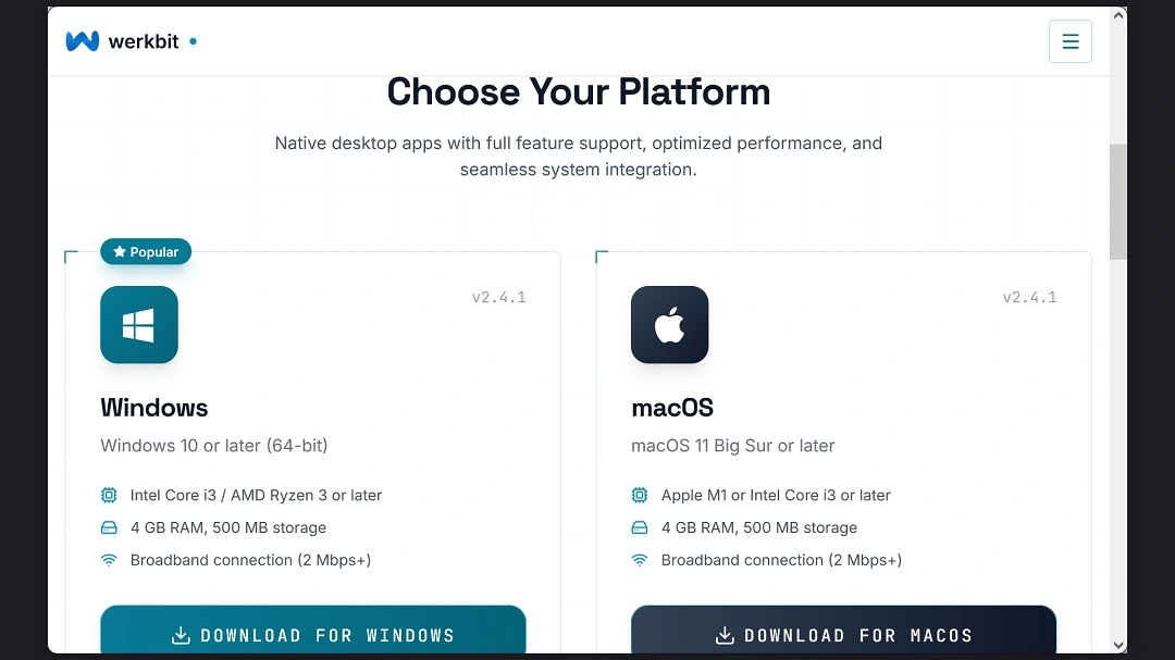 A screenshot of the CrashStealer download page on https://werkbit[.]org, offered downloads for Mac and Windows.