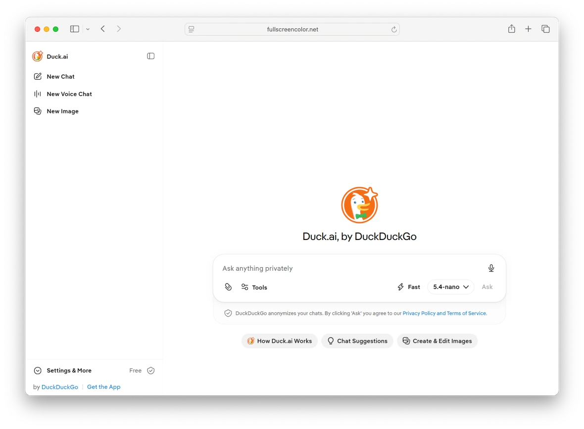 A screenshot of the Duck.ai interface.