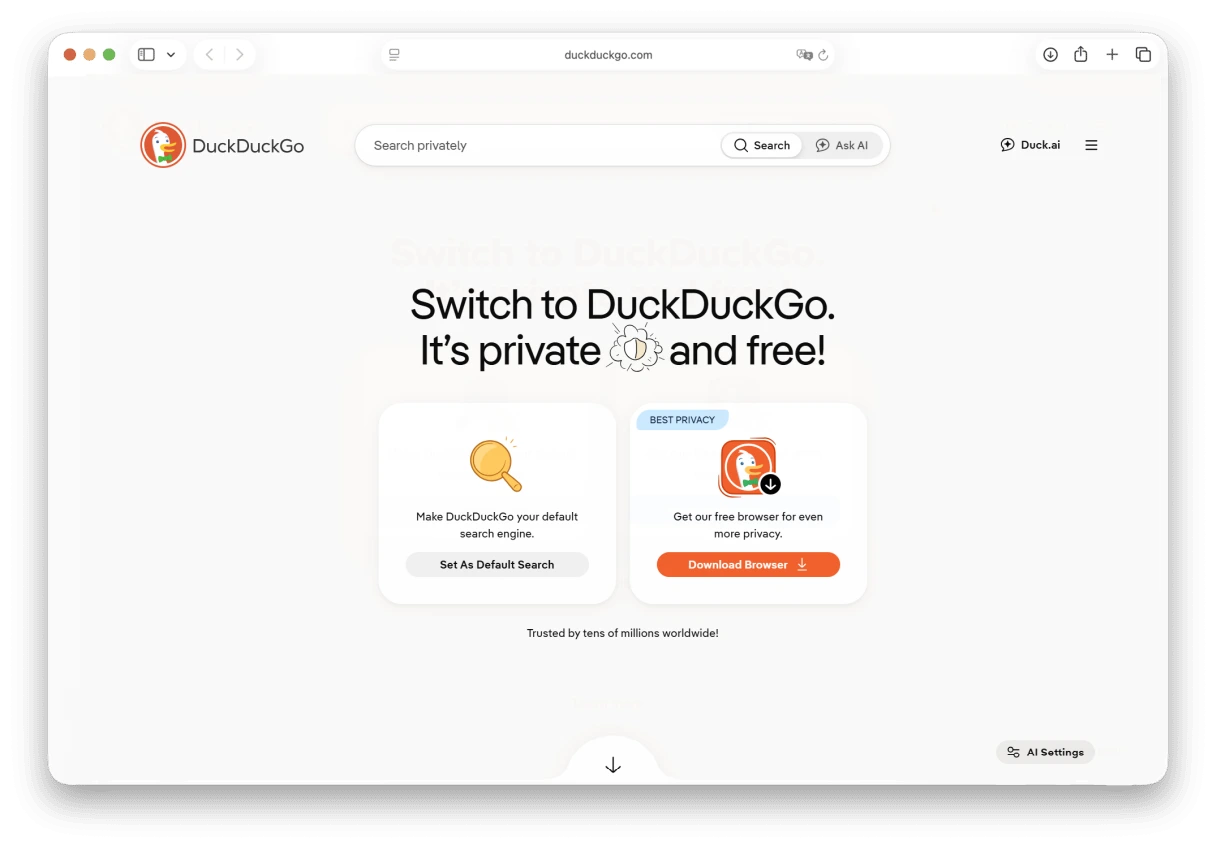 Screenshot of the DuckDuckGo search engine.