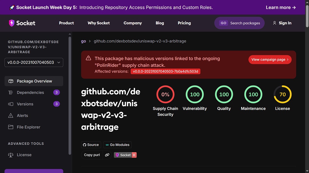 A screenshot of the malware analysis found on the PolinRider Socket report.