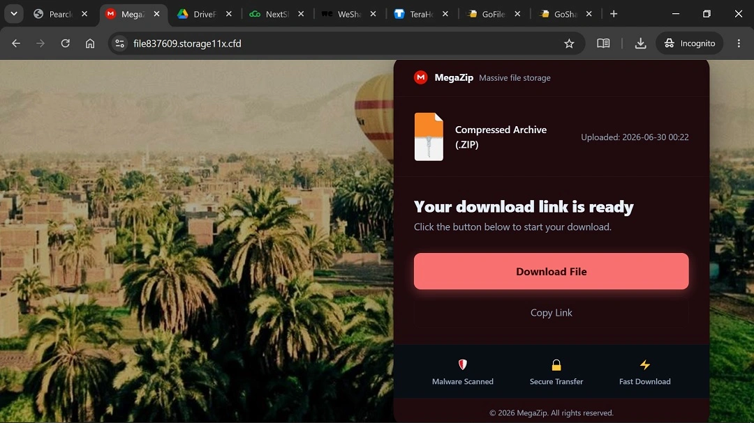 When we clicked on the Download button on the fake Pearcleaner site every time it generated a different download location.