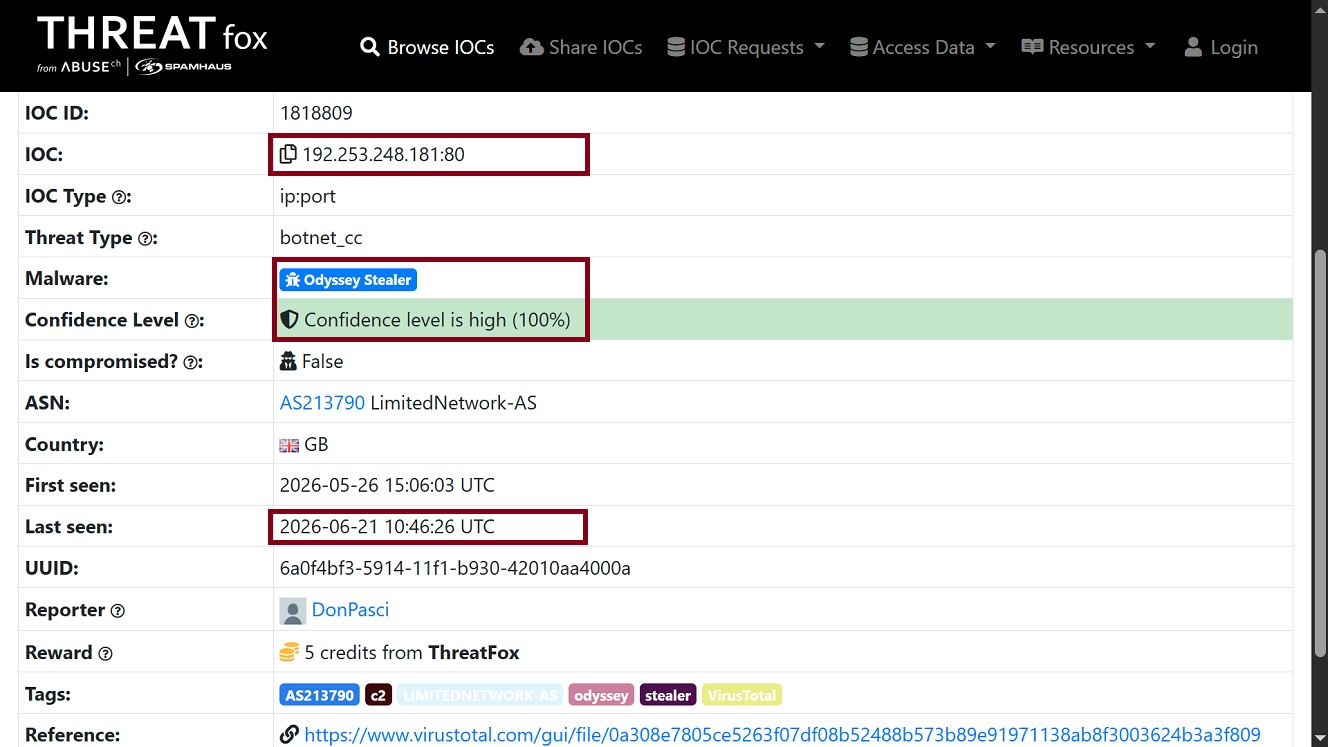 A screenshot of ThreatFox "Last seen" data.