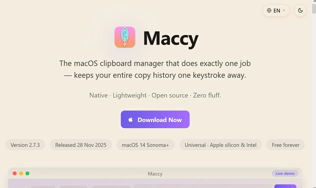 The site maccymanger[.]com, also impersonating Maccy. Image: Screenshot Moonlock.