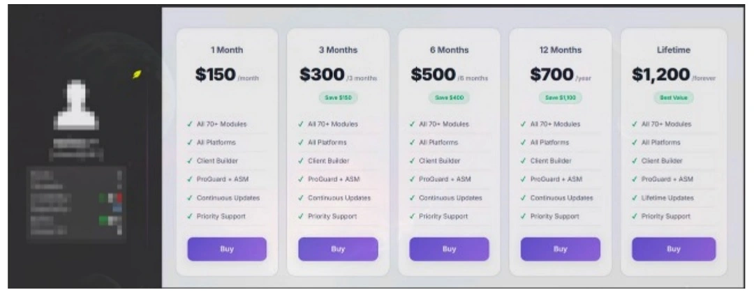 A screenshot of a dark web pricing ad for Quima.