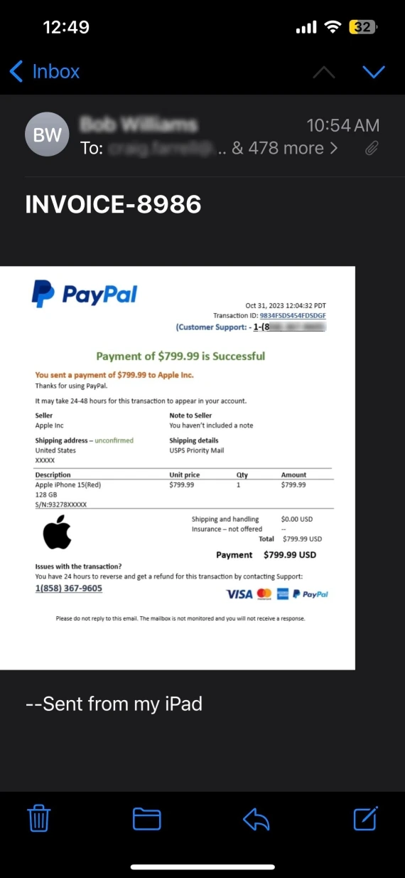 Screenshot of a fefund scam aiming to steal the victim's Apple ID.