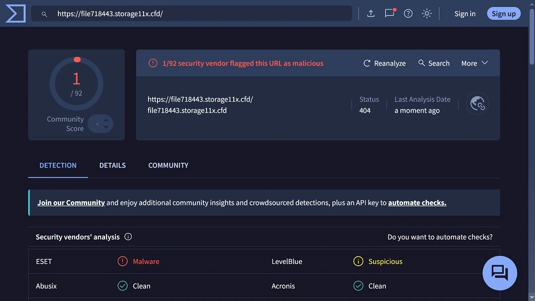 A screenshot of the VirusTotal page for the associated file.