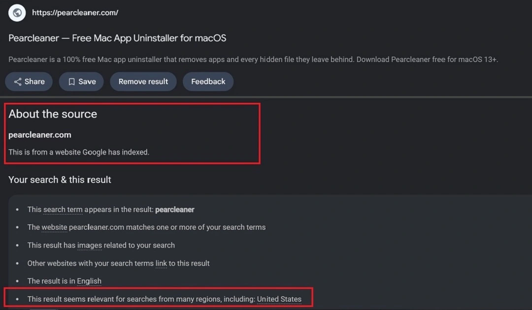 Information from Google showed that the search results for the fake Pearcleaner site was organic, not sponsored, and targeting regions including the U.S.
