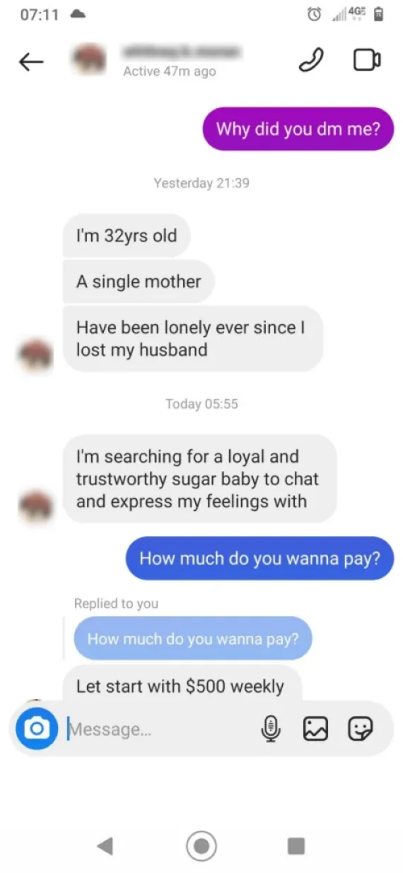 Sugar baby scam on Instagram.