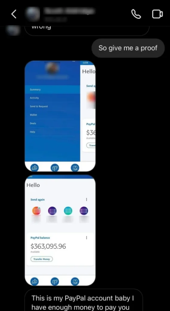A sugar daddy scam showing what appear to be PayPay balance screenshots.