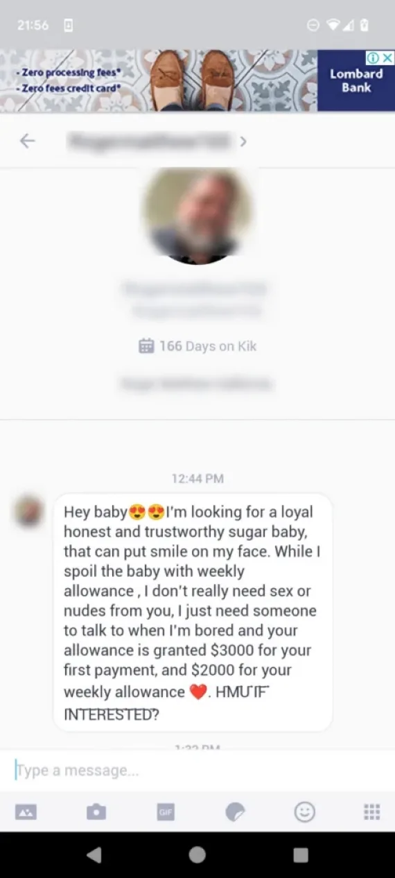 Sugar daddy scam message on Kik.
