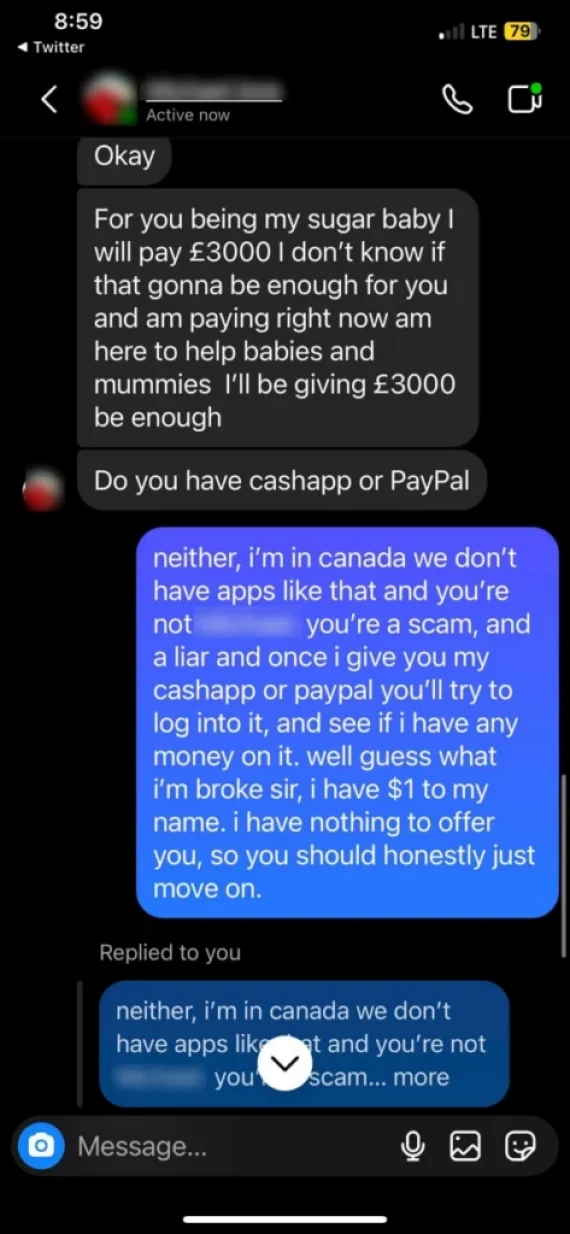 A message associated wit a sugar daddy scam on Instagram.