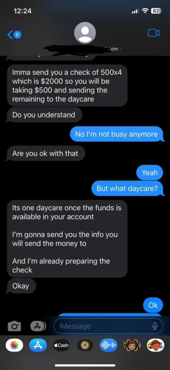 A second example of messages linked to a sugar mommy check scam.