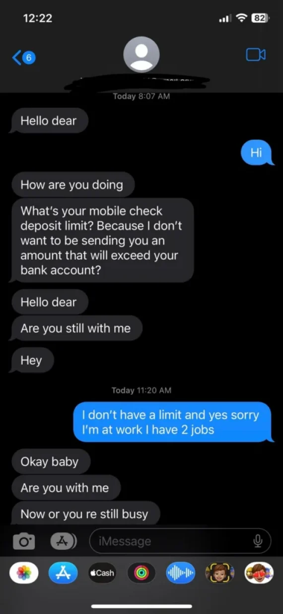 Messages associated with a sugar mommy check scam.