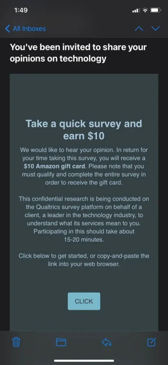 A screenshot of a potential survey gift card scam offering $10 to take a survey.