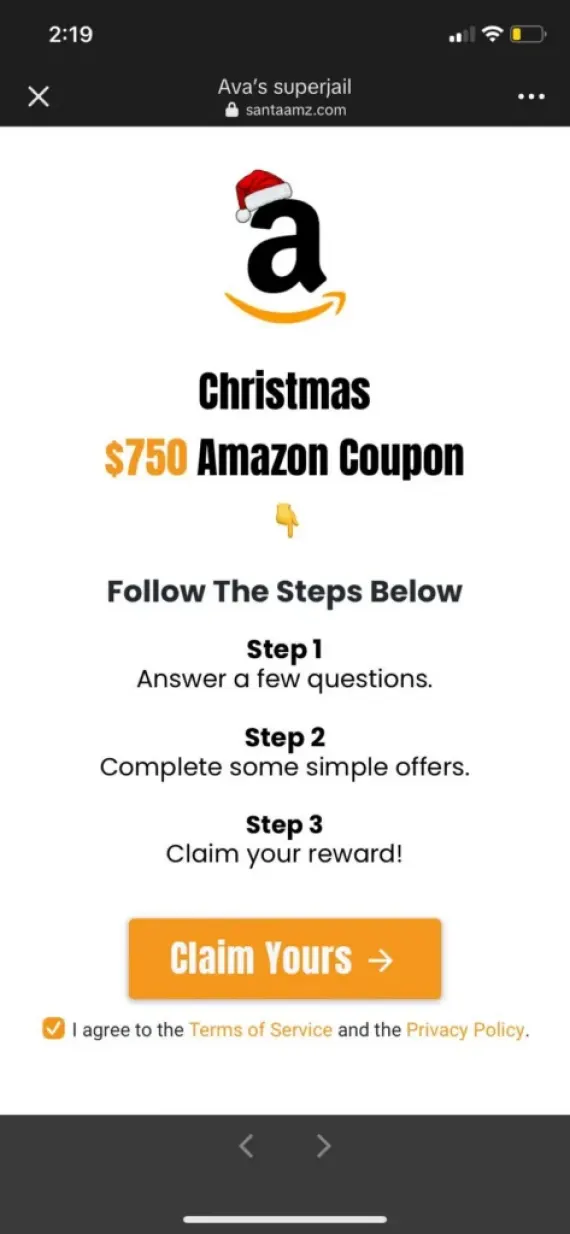 A screenshot showing an example of a survey gift card scam.