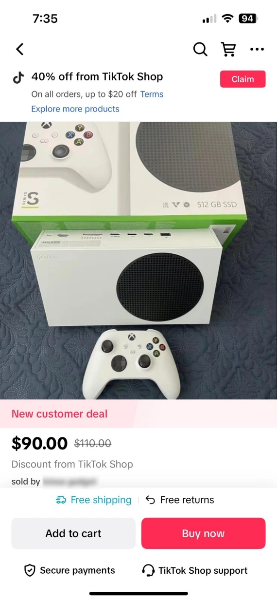 Screenshot of a suspiciously cheap Xbox on TikTok Shop
