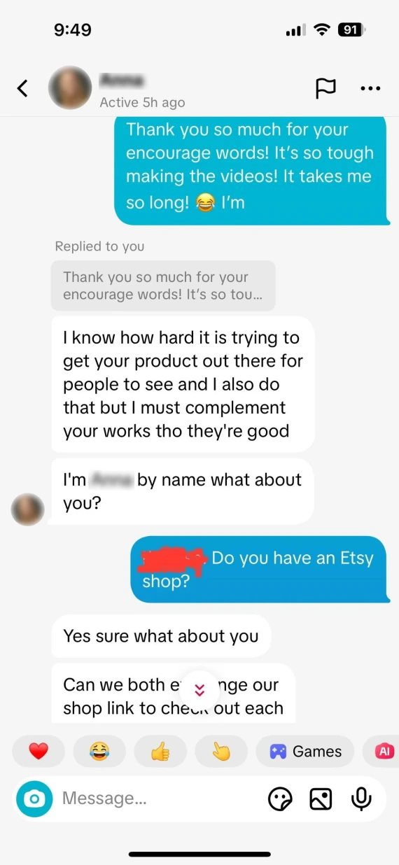 Example of DMs associated with a TikTok Shop and Etsy scam.