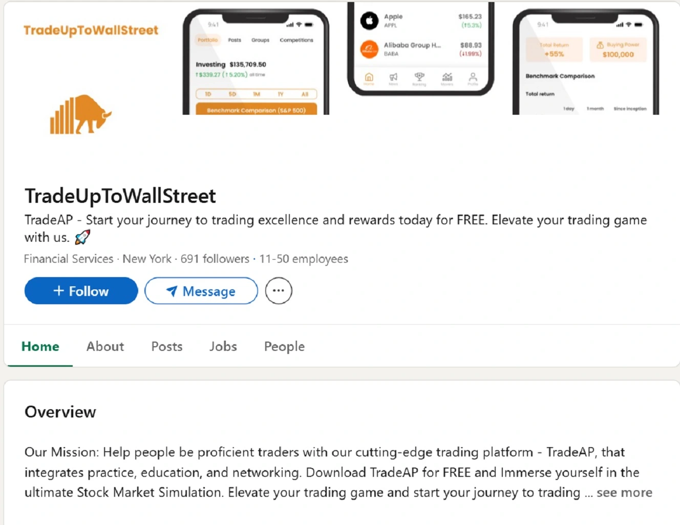 Screenshot of the TradeUpToWallStreet LinkedIn account page.