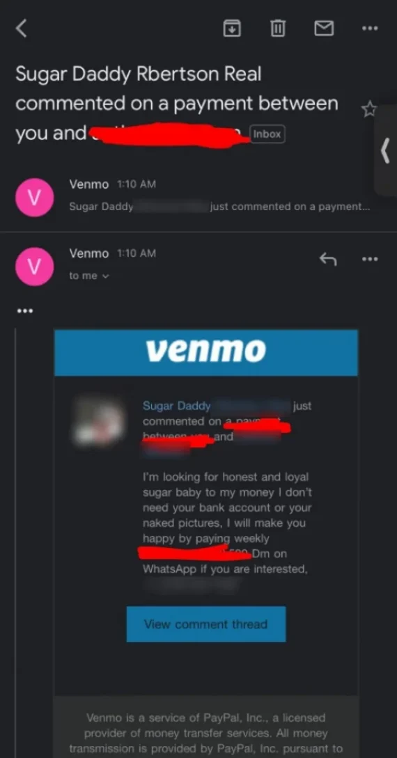 Sugar daddy scam message on Venmo.