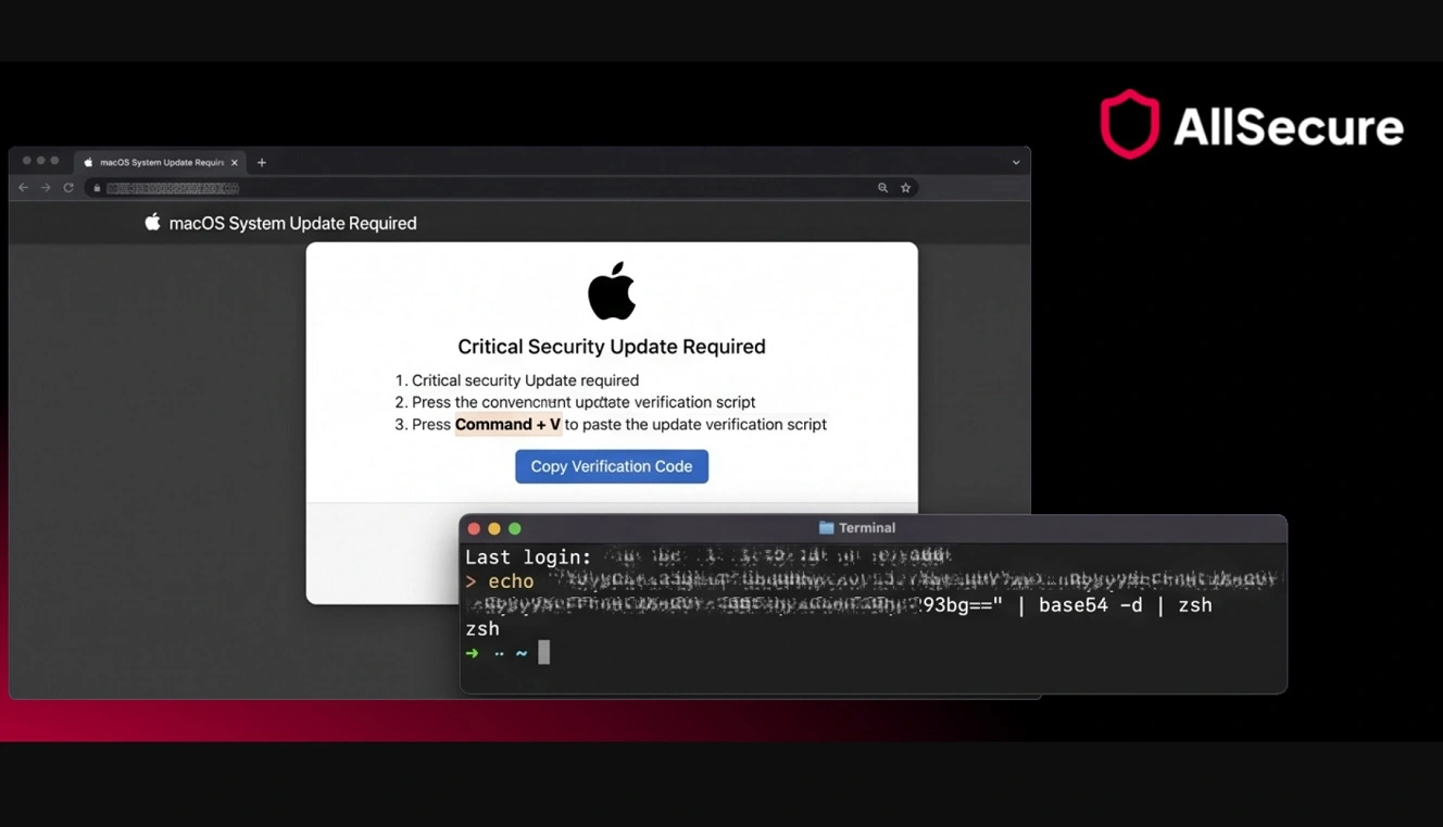 After the fake system update, attackers try to convince you into copying and pasting a terminal script, as AllSecure reported.