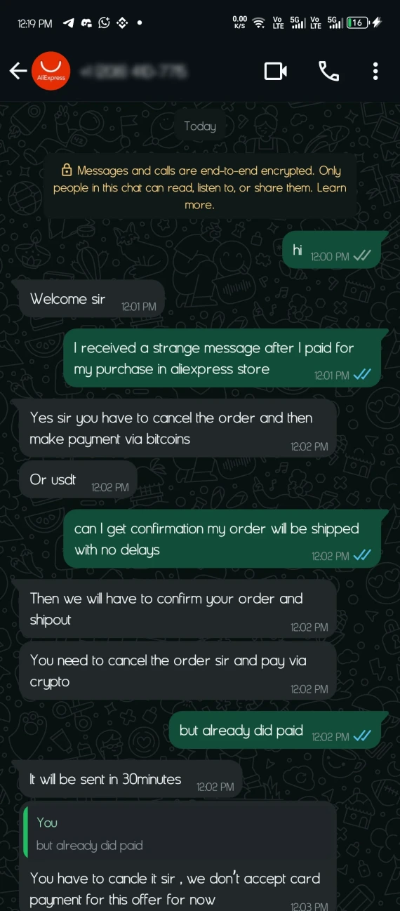AliExpress WhatsApp payment scam.