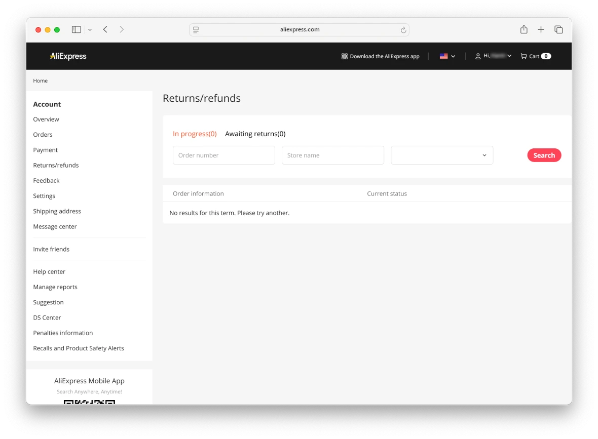 Screenshot of the AliExpress account refund tab.