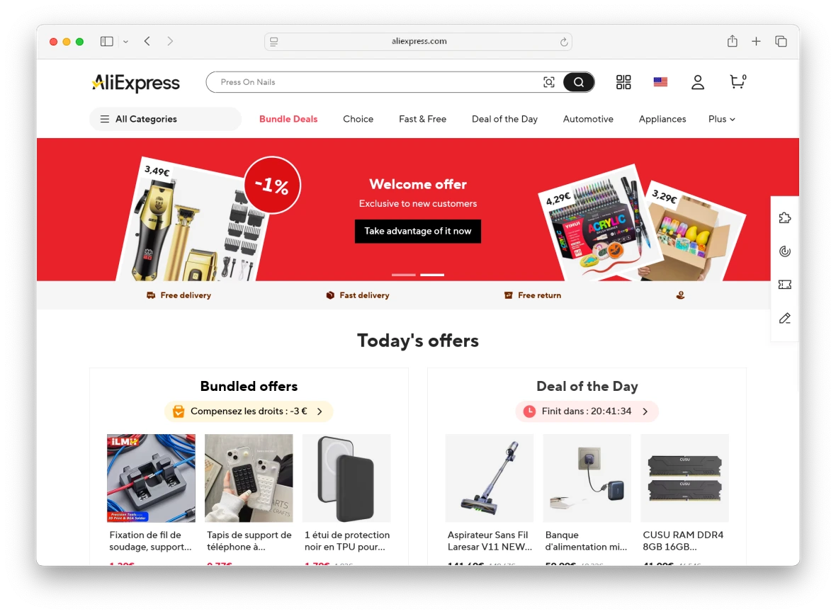 Screenshot of the AliExpress homepage.
