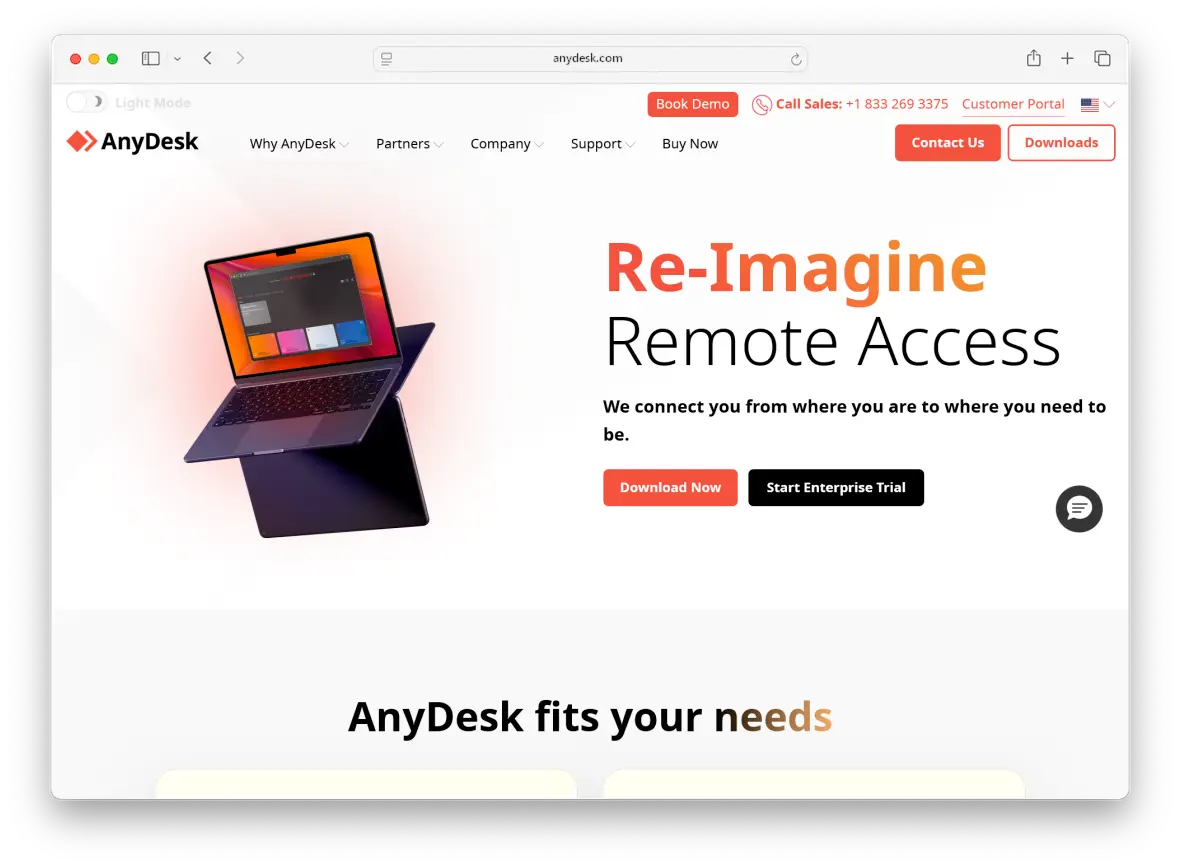 The AnyDesk homepage.