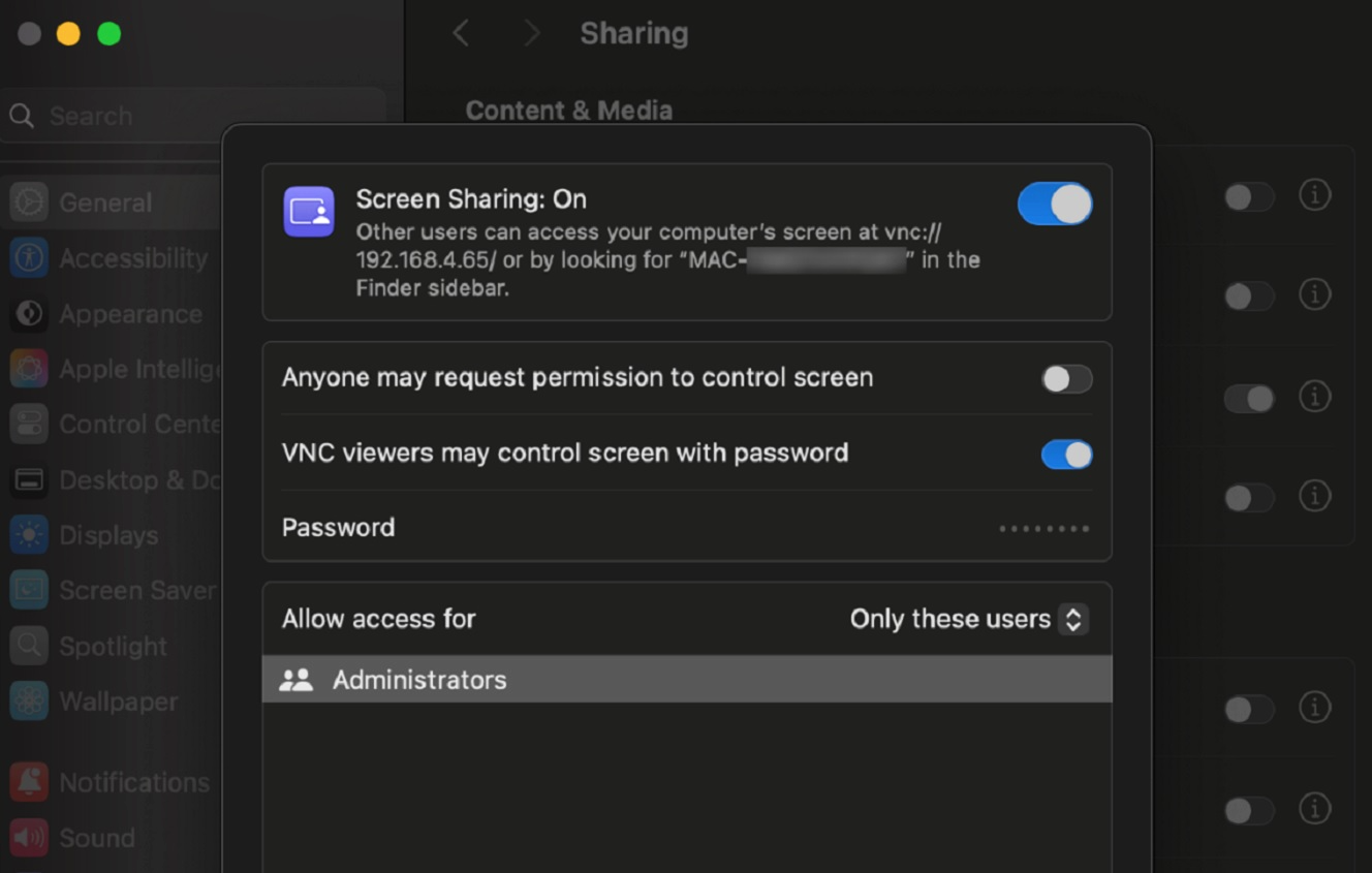 Screenshot showing the Screen Sharing settings and how VNC viewers can control your Mac screen without passwords and just an IP.